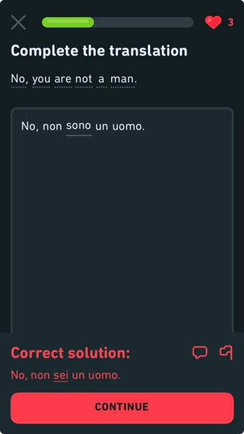 Screenshot from Duolingo app with translated phrase “Your face looks like this potato”