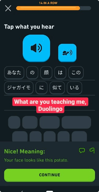 Screenshot from Duolingo app with translated phrase “Your face looks like this potato”