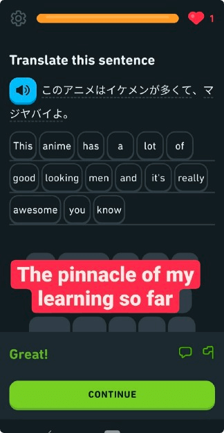 Screenshot from Duolingo app with translated phrase “This anime has a lot of good looking men and it’s really awesome you know”